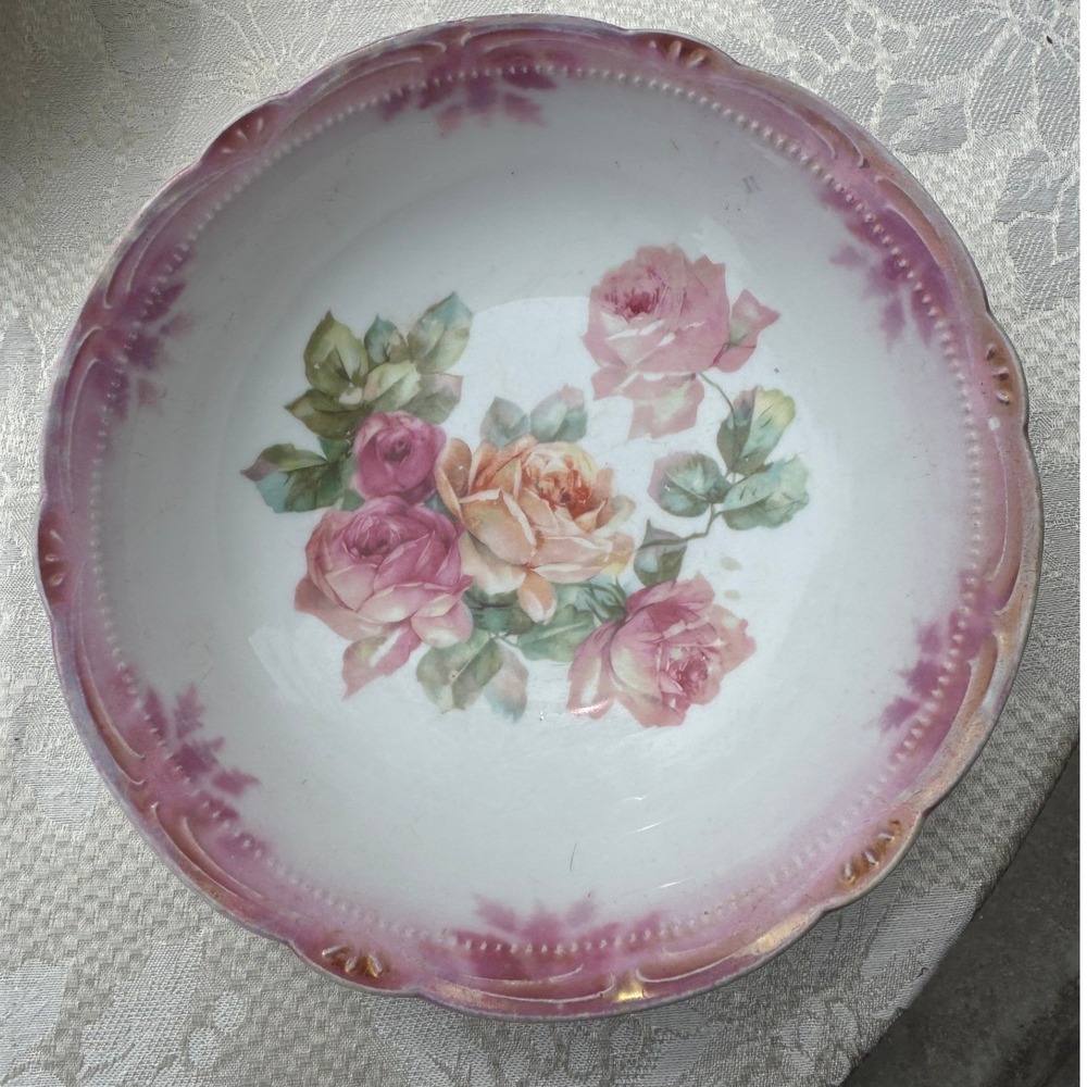 Vintage German Lustreware Porcelain Bowl Pink Luster Floral Rose Dish OG Germany